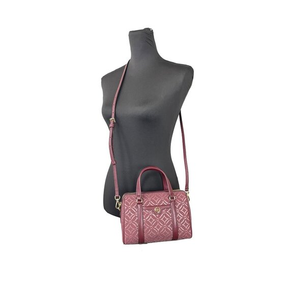 NEW Michael Kors Travel Small Leather & Canvas Duffle Crossbody Bag Oxblood NWT - Picture 3 of 7